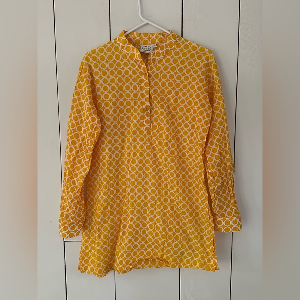 Three Islands Print Cotton Tunic Top Sz M Yellow White Cotton Beach Resort